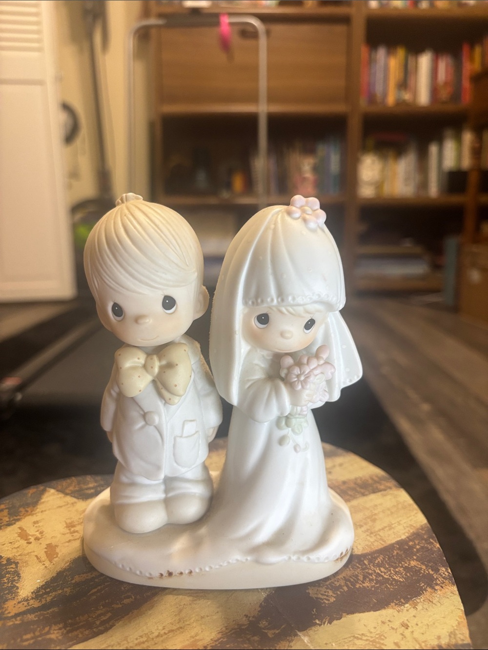 Precious Moments Cream Bride and Groom Cake Topper with Pale Pink Accents